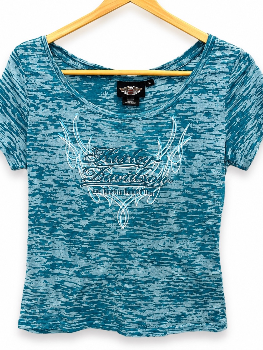 Vintage Harley Davidson Teal Burnout Graphic Biker Tee Women’s Sz M